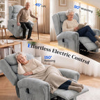 Grey recliner chair with raised headrest and padded arms in reclined position