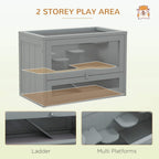 Grey two-level play area hamster cage hutch with open door and internal platforms