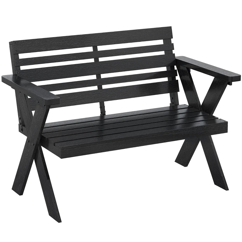 Black slatted wooden 2-seat garden bench with armrests and backrest