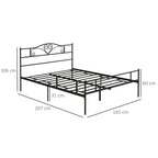 Black metal bed frame with headboard and footboard, slatted base for king size