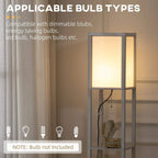 White floor lamp shelving unit with lit square lamp panels and open cabinet shelves
