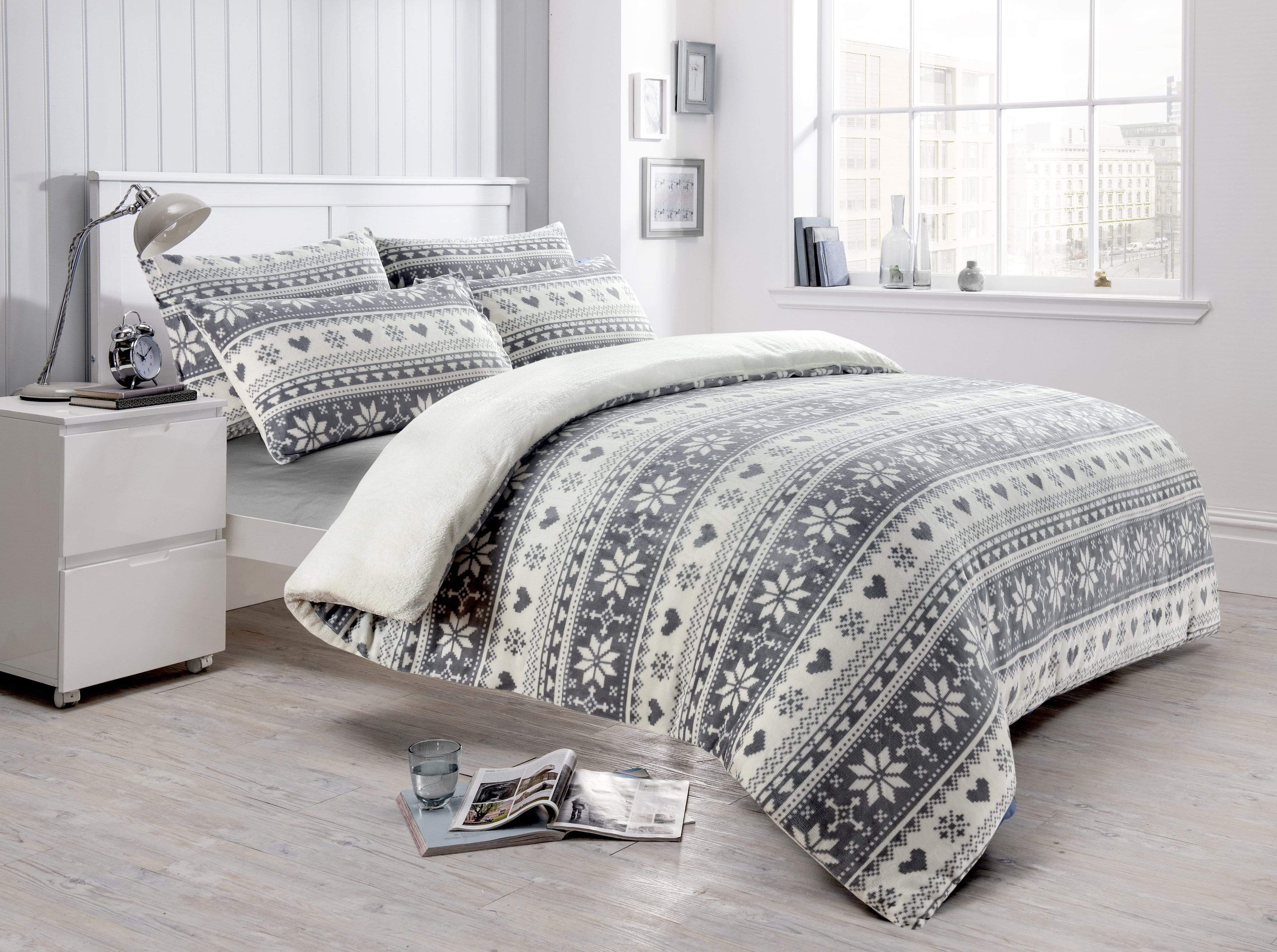 Nordic Fair Isle Reversible Teddy Fleece Duvet Set Plush Faux Fur Bedding with Pillowcases Warm Winter Decor