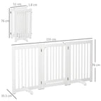White expandable dog gate, three-panel layout with latch door and base feet