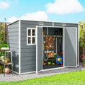 Grey resin shed with open double doors, side window, and built-in shelving.