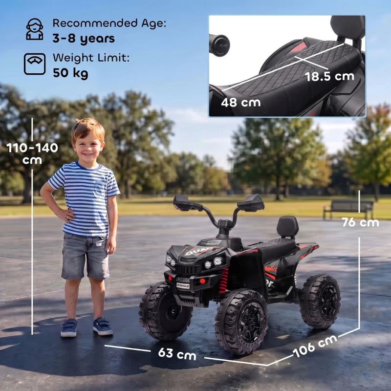 Kids electric 2-seat quad bike in black, side view with rider, large off-road tires