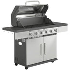 Silver 6-burner propane BBQ grill with open lid, front knobs, warming rack