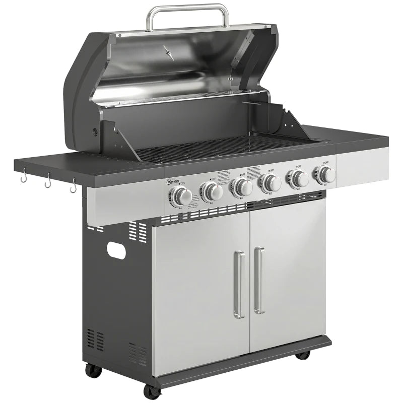 Silver 6-burner propane BBQ grill with open lid, front knobs, warming rack
