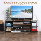 TV stand cabinet with brown top, grey frame, and multiple open shelves for media storage