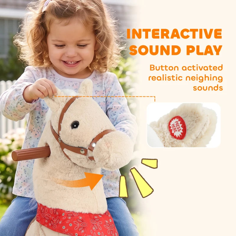 Light brown plush horse ride-on with brown bridle, red skirt, and sound button