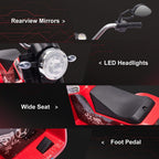 Red three-wheel kids electric motorbike front with LED headlights, mirrors, and foot pedal