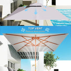 Grey vented square parasol with open canopy, orange ribs, and wooden center pole.