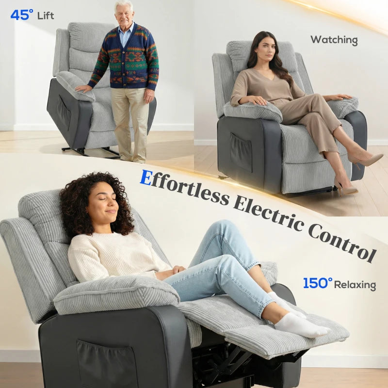 Light grey corduroy electric lift recliner chair with extended footrest, upright lift