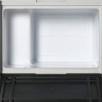 Grey and black portable car refrigerator interior tray with lid open