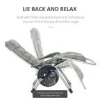 Reclining lounge chair with adjustable back and footrest, grey padded cushions
