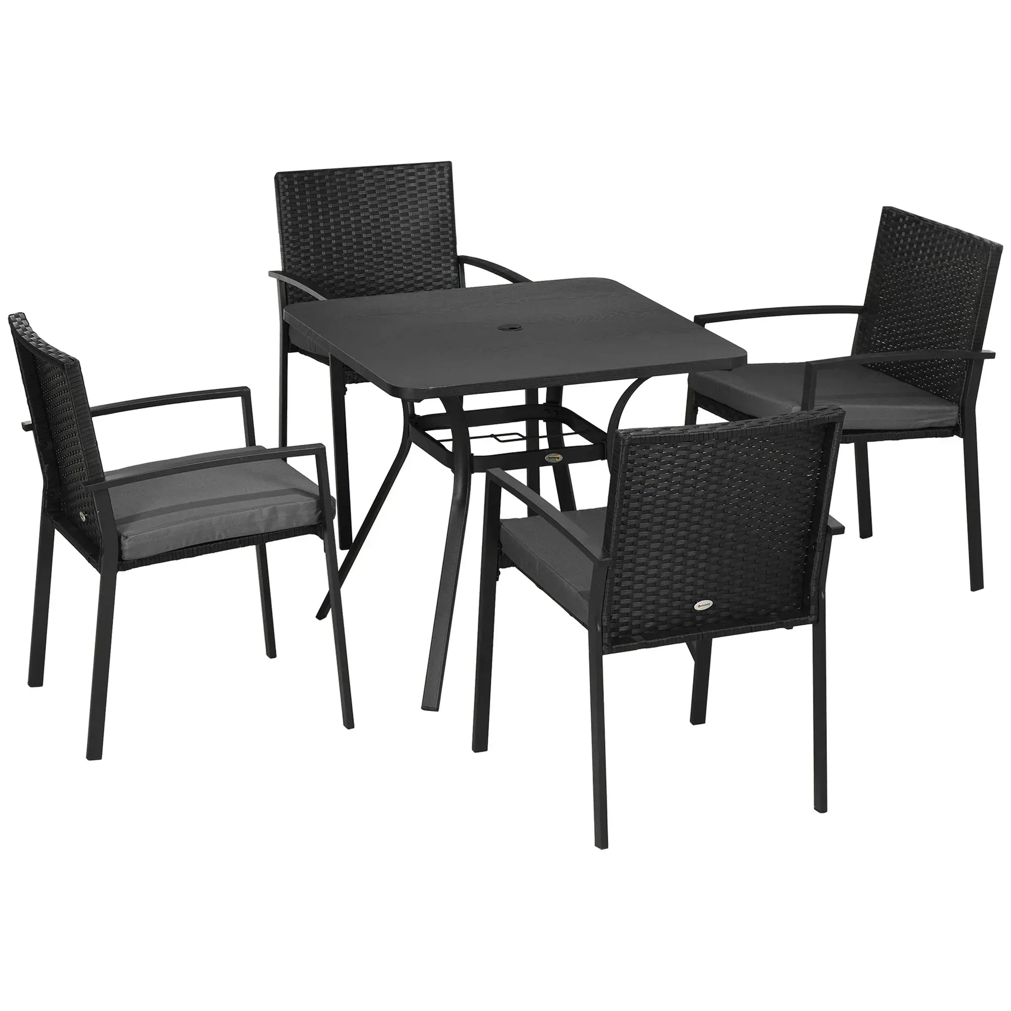 Five-Piece Garden Dining Set, with Rattan Seat Chairs and Cushions - Black - Bobobiy