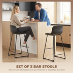 Black PU leather bar stools set of 2 with curved seat, backrest, and black metal frame