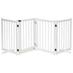 White freestanding wooden pet gate with vertical bars and hinged 4-panel folding design