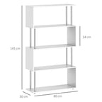 White S-shaped 5-tier shelving unit with open compartments and metal support frame