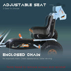 Light blue kids pedal go-kart with enclosed chain cover, adjustable seat, and orange wheels