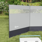 Grey camping windbreak screen with clear mesh window section and dark lower stripe