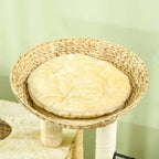 Beige oval cat bed platform with woven rim and plush cushion