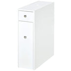 White slim bathroom floor cabinet with two drawers and a tall side door
