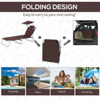 Foldable brown sun lounger chair with sun shade awning, shown folded for transport