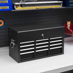 Black tool storage chest with six drawers and front lock, shown from an angled view