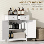 White bathroom cabinet with two drawers and open doors showing stacked interior shelves