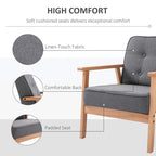 Grey linen-look accent armchair with padded seat, button-tufted back, and beech wood frame
