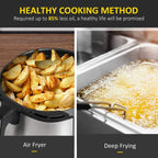 Black air fryer basket with nonstick interior and hot air circulating heating elements