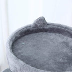 Grey plush top perch with raised rim on a cat tree, plus small hanging ball