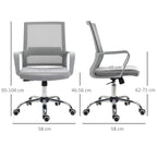 Grey ergonomic office chair with front and side views plus height dimensions and swivel casters