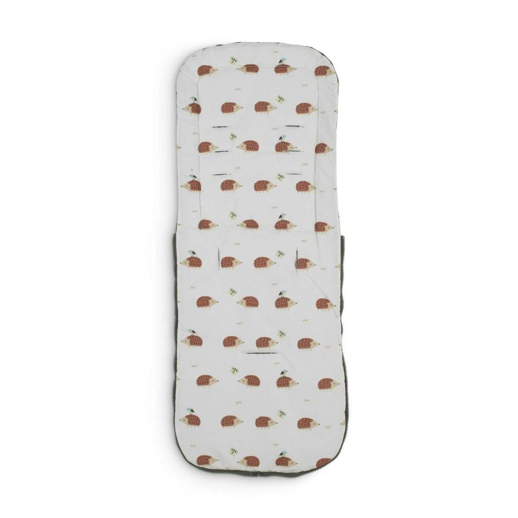 Cream stroller insert with all-over hedgehog print and rounded padded edges