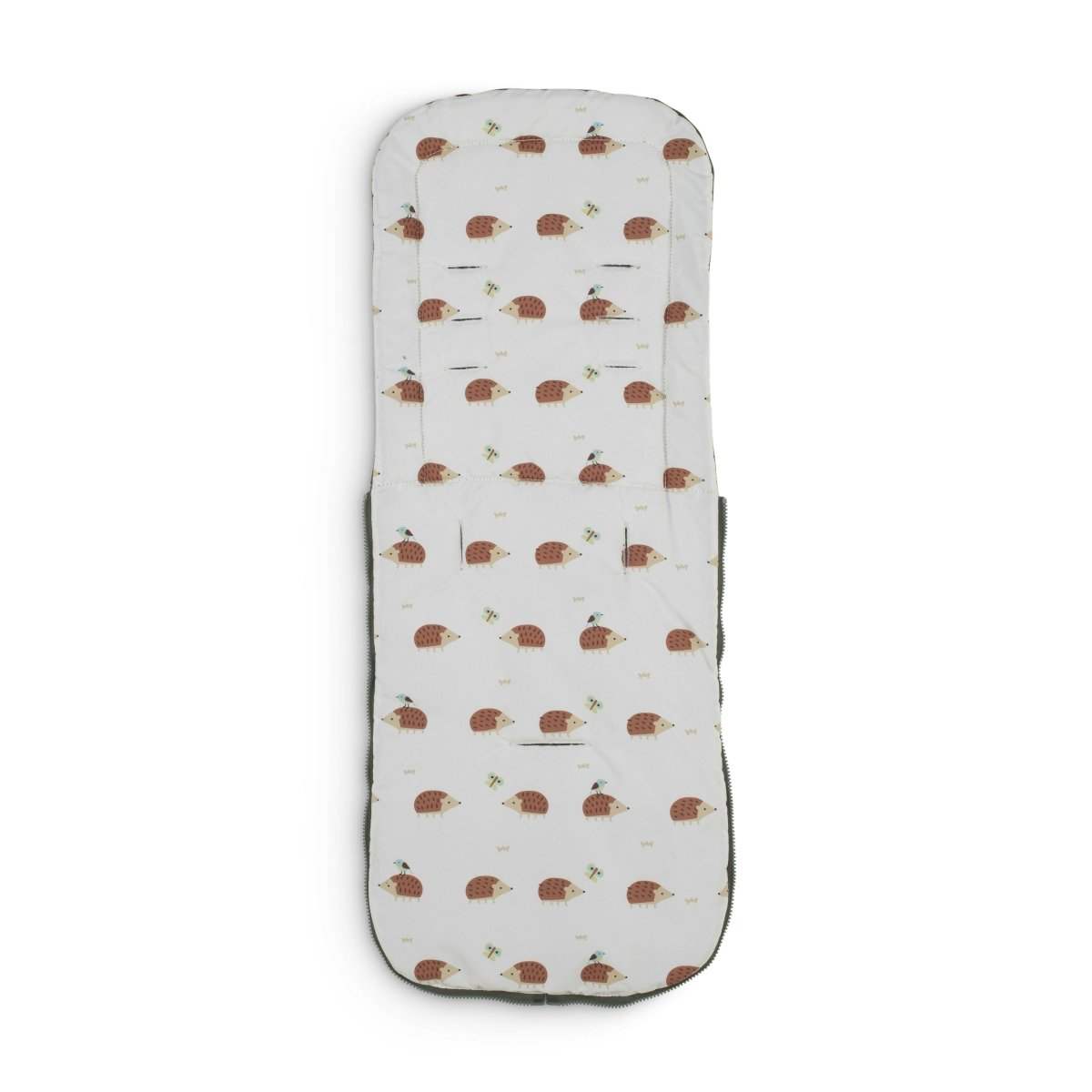 Cream stroller insert with all-over hedgehog print and rounded padded edges