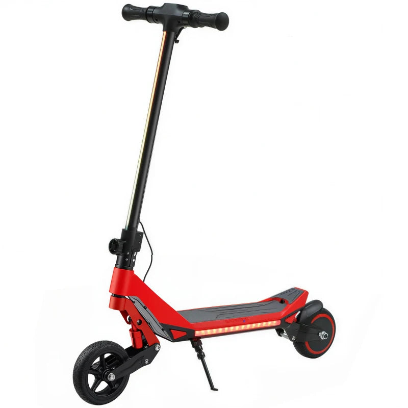 Red foldable electric kids scooter with black handlebars and front wheel