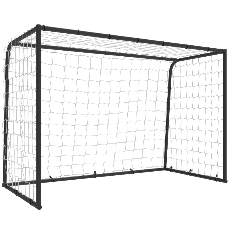 Black football goal with white net and metal frame, front view