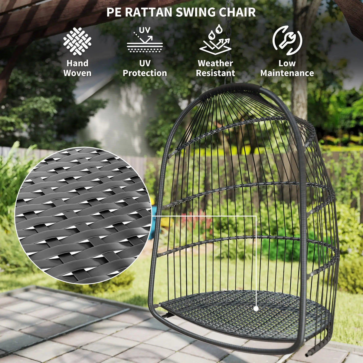 Outsunny Hanging Egg Chair, Foldable Rattan Garden Swing Chair with Installation Kit, Thickened Cushion and Headrest