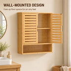 Oak bathroom wall cabinet with open center shelf and louvered side doors