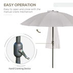 Light grey tilting parasol with hand-crank mechanism and open canopy