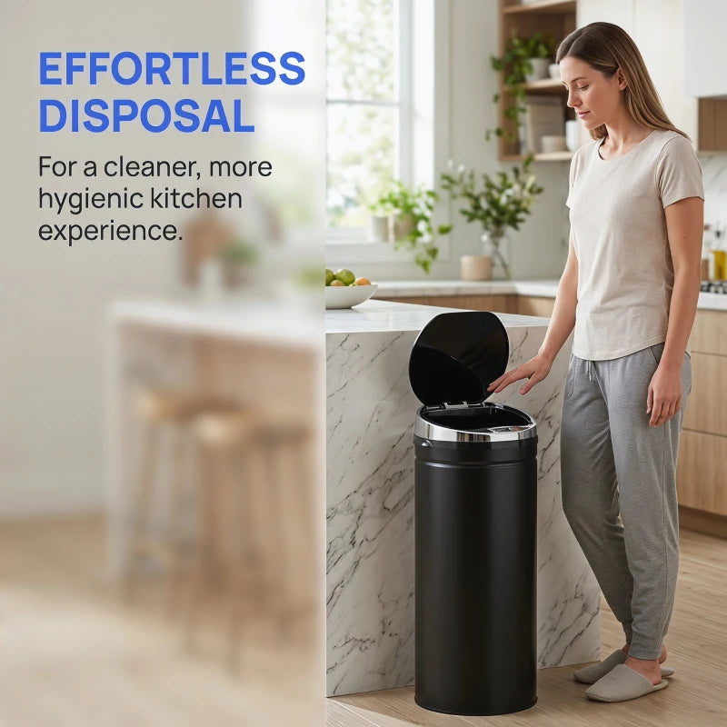 Black touchless trash bin with open lid and motion sensor indicator light
