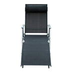 Folding chaise lounge chair with headrest, black sling fabric and gray metal frame