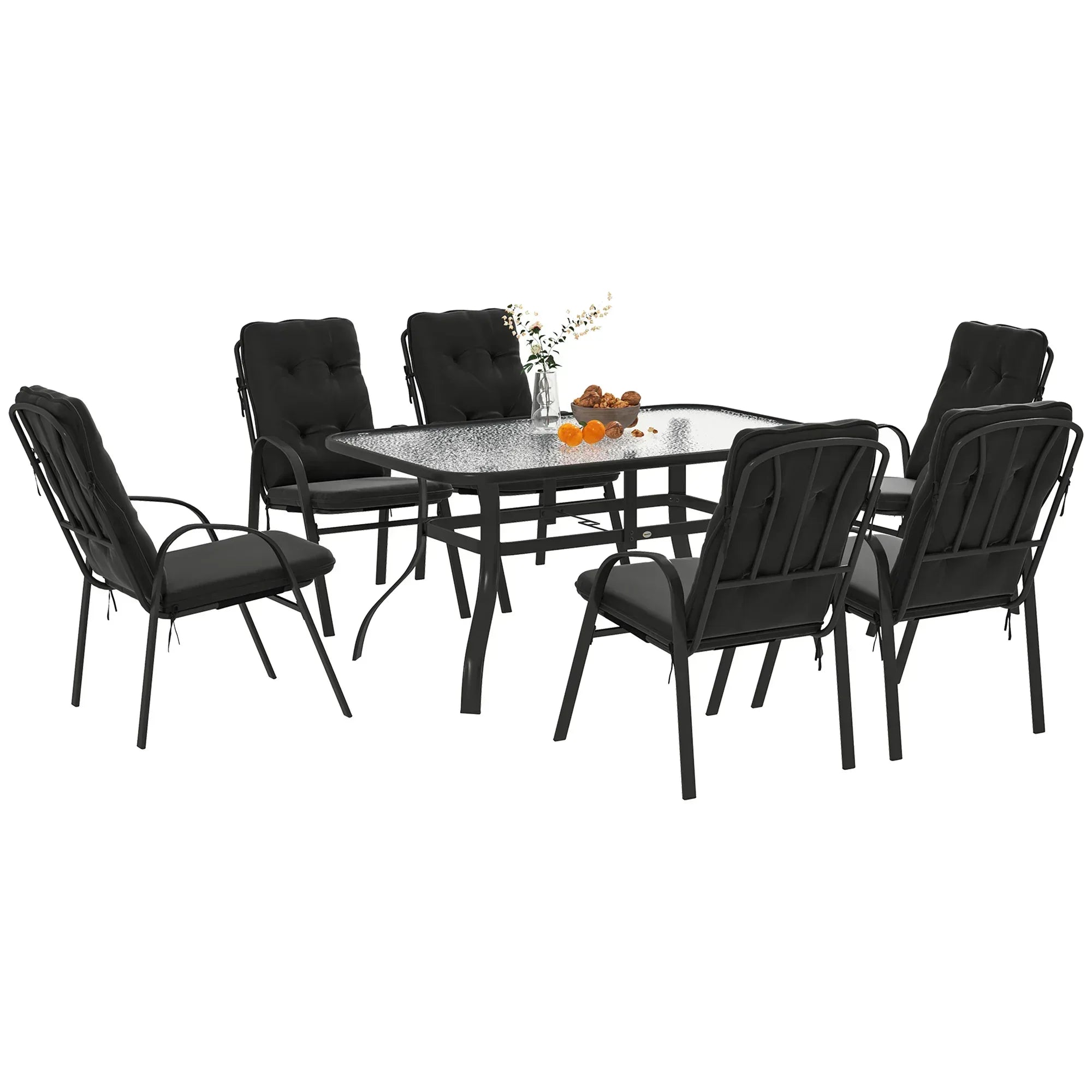 Seven-Piece Garden Dining Set with Cushions - Black - Bobobiy