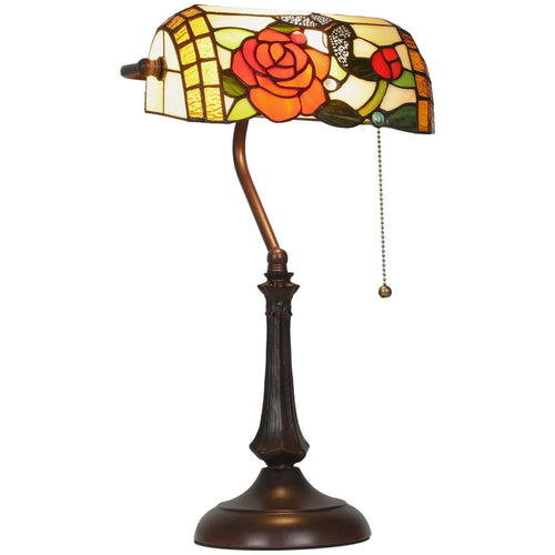 Tiffany-style table lamp with stained-glass shade featuring red rose and butterfly; bronze base