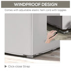 Grey patio furniture cover with adjustable elastic hem cord and click-close strap