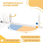 White dog stair gate with door area and automatic closing hinge diagram