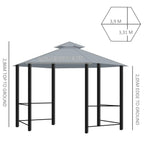 Grey hexagon gazebo canopy with side panels and support frame, with size dimensions