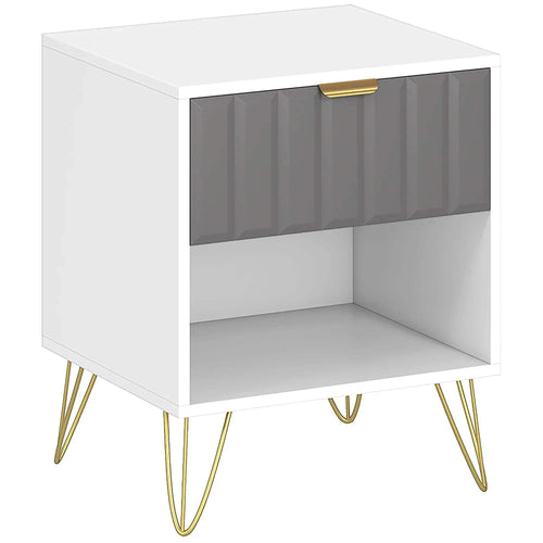 Modern white bedside cabinet with drawer front, open shelf, and gold accents