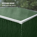 Green metal shed corner with pitched roof edge and water-shedding trim