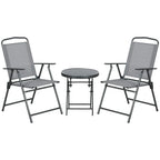 Light grey garden chair set with round glass-top table and folding armchairs
